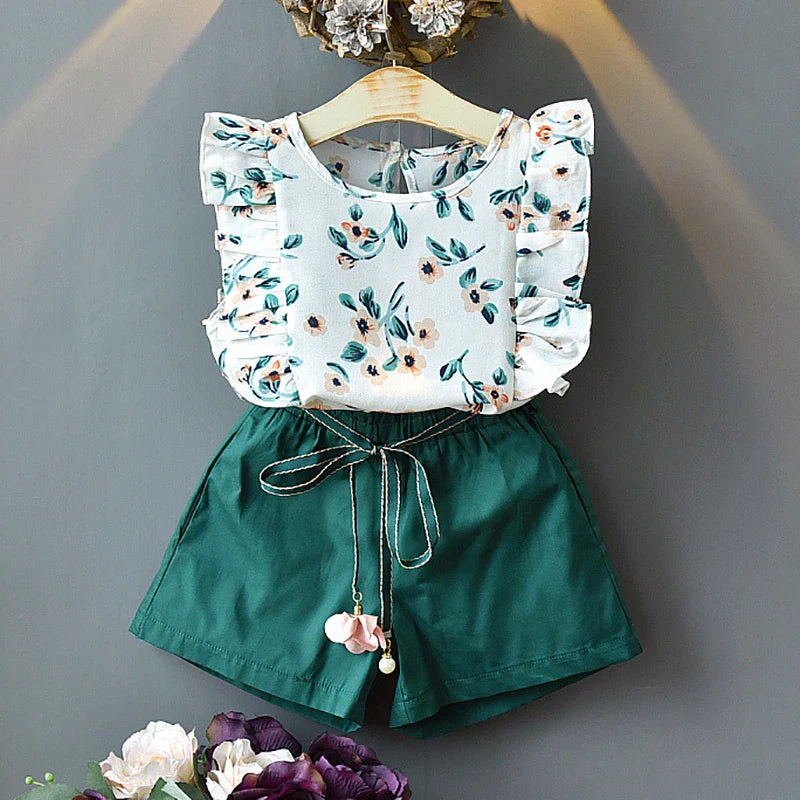 2-Piece Ruffle Sleeveless T-Shirt & Chiffon Flower Print Skirt, Toddler Baby Girl Outfit