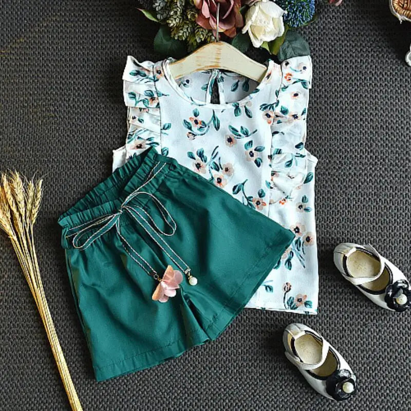 2-Piece Ruffle Sleeveless T-Shirt & Chiffon Flower Print Skirt, Toddler Baby Girl Outfit