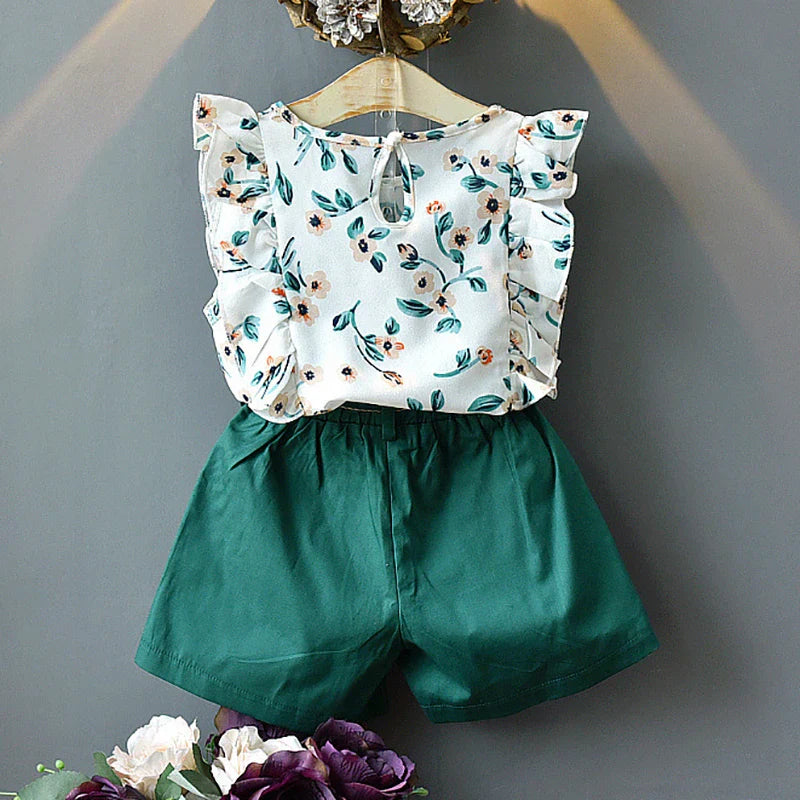 2-Piece Ruffle Sleeveless T-Shirt & Chiffon Flower Print Skirt, Toddler Baby Girl Outfit