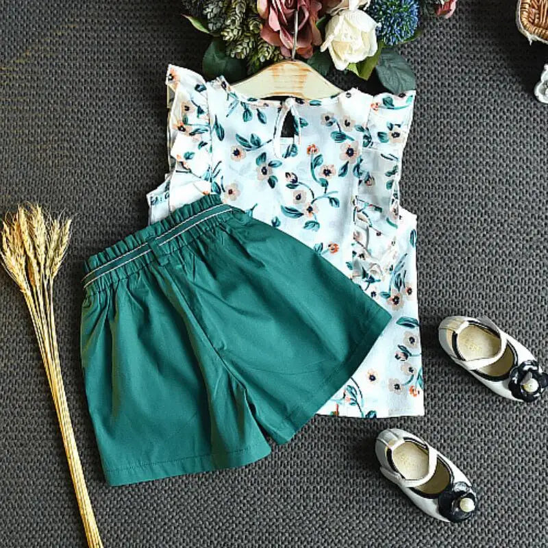 2-Piece Ruffle Sleeveless T-Shirt & Chiffon Flower Print Skirt, Toddler Baby Girl Outfit
