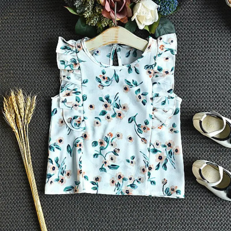 2-Piece Ruffle Sleeveless T-Shirt & Chiffon Flower Print Skirt, Toddler Baby Girl Outfit