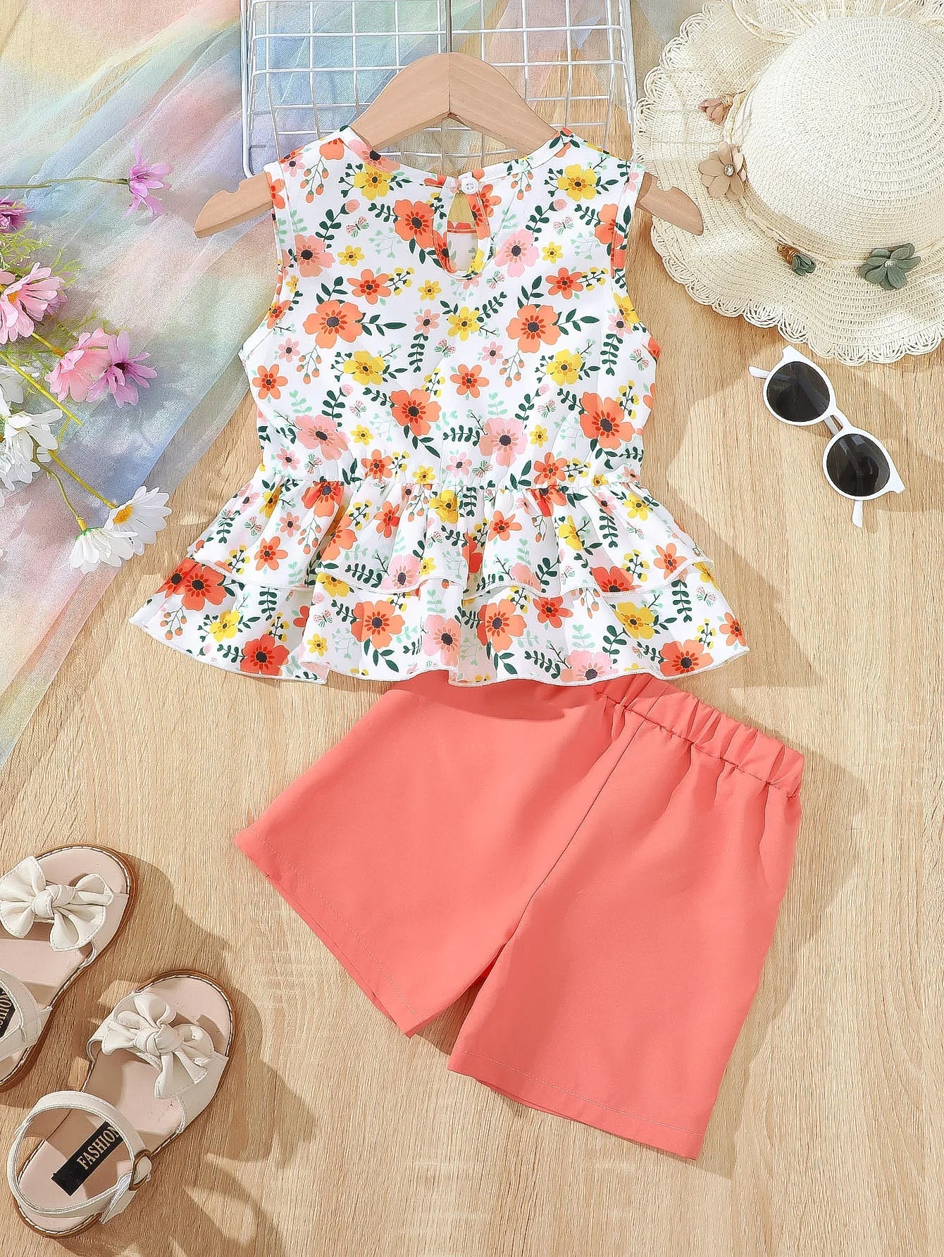 Girls' Summer Outfit – Floral Bow Sleeveless Top & Shorts Set